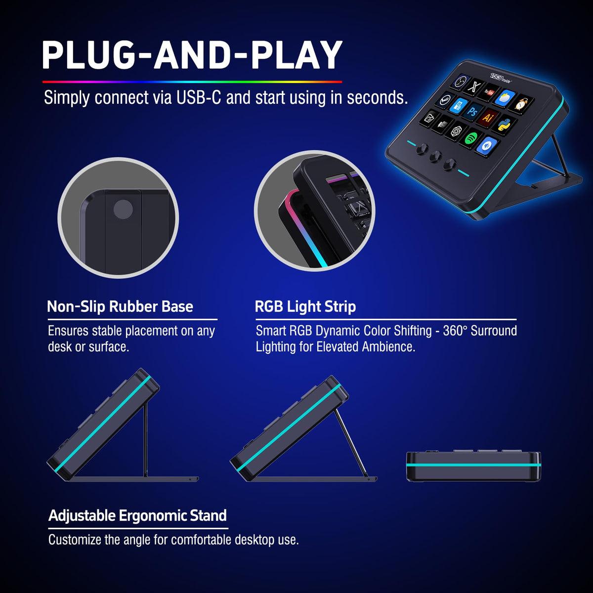 VSDINSIDE Macro Keypad, Stream Controller Deck Gaming Streaming Shortcut Keyboard, 18 Programmable Keys Customizable Visual AI Pad USB Soundboard for OBS, YouTube, Desk Office Setup, Laptop, PC, Mac