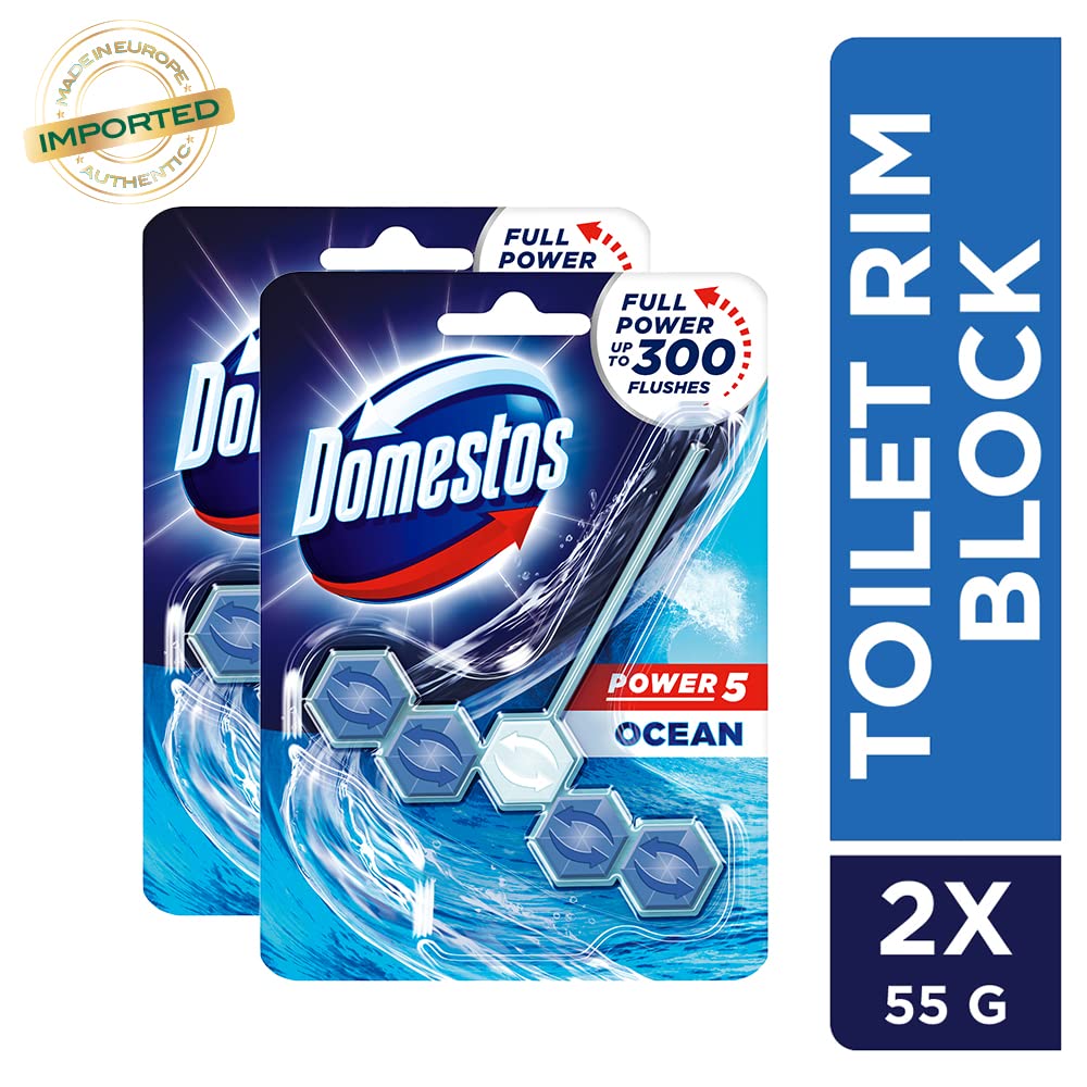 Domestos Power 5 Toilet Rim Block, Ocean, Limescale Removal with Long Lasting Ocean Fragrance, Provides Hygiene & Shine, 55 gm (Pack Of 2)