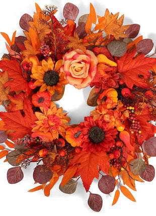 24" Fall Wreath for Front Door Outside - Sunflower, Pumpkin, Berry & Maple Leaves | Weatherproof Autumn Outdoor Wreaths with Hanger Hook for Thanksgiving, Harvest