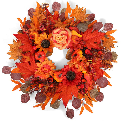 24" Fall Wreath for Front Door Outside - Sunflower, Pumpkin, Berry & Maple Leaves | Weatherproof Autumn Outdoor Wreaths with Hanger Hook for Thanksgiving, Harvest