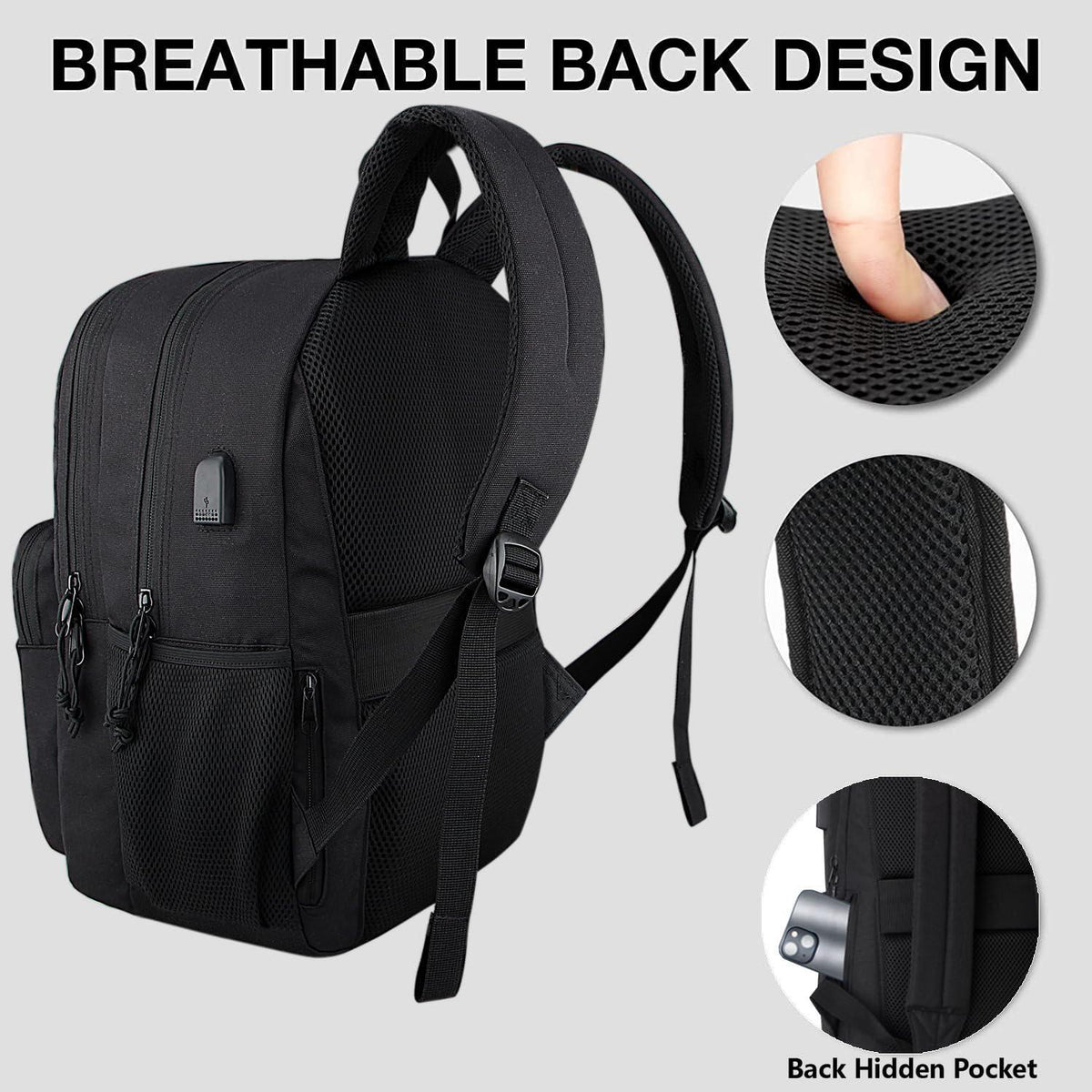 KEOFID Travel backpack for Men and Women, Anti Theft Laptop Backpack with USB Charging Port for Work, Large Bag for College, BLACK BOOK BAG FOR BOYS, GILRS Backpack,Water Resistent(Black)