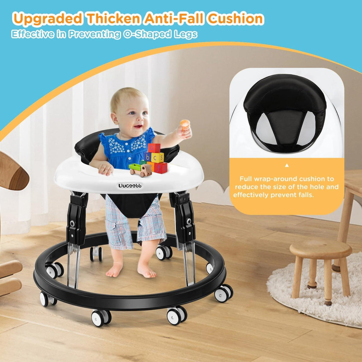Uuoeebb Baby Walker with Wheels, One-Touch Folding Anti-Roll 8-Wheel Baby Walkers, 7-Speed Height Adjustment with Large Dinner Plate and Brake 6-18 Months Baby Walker, Black