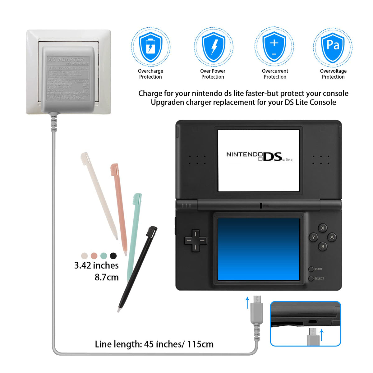 DS Lite Charger Kit Compatible with Nintendo DS Lite 100-240V Wall Plug Adapter with 4 Stylus Pen for Nintendo DS Lite