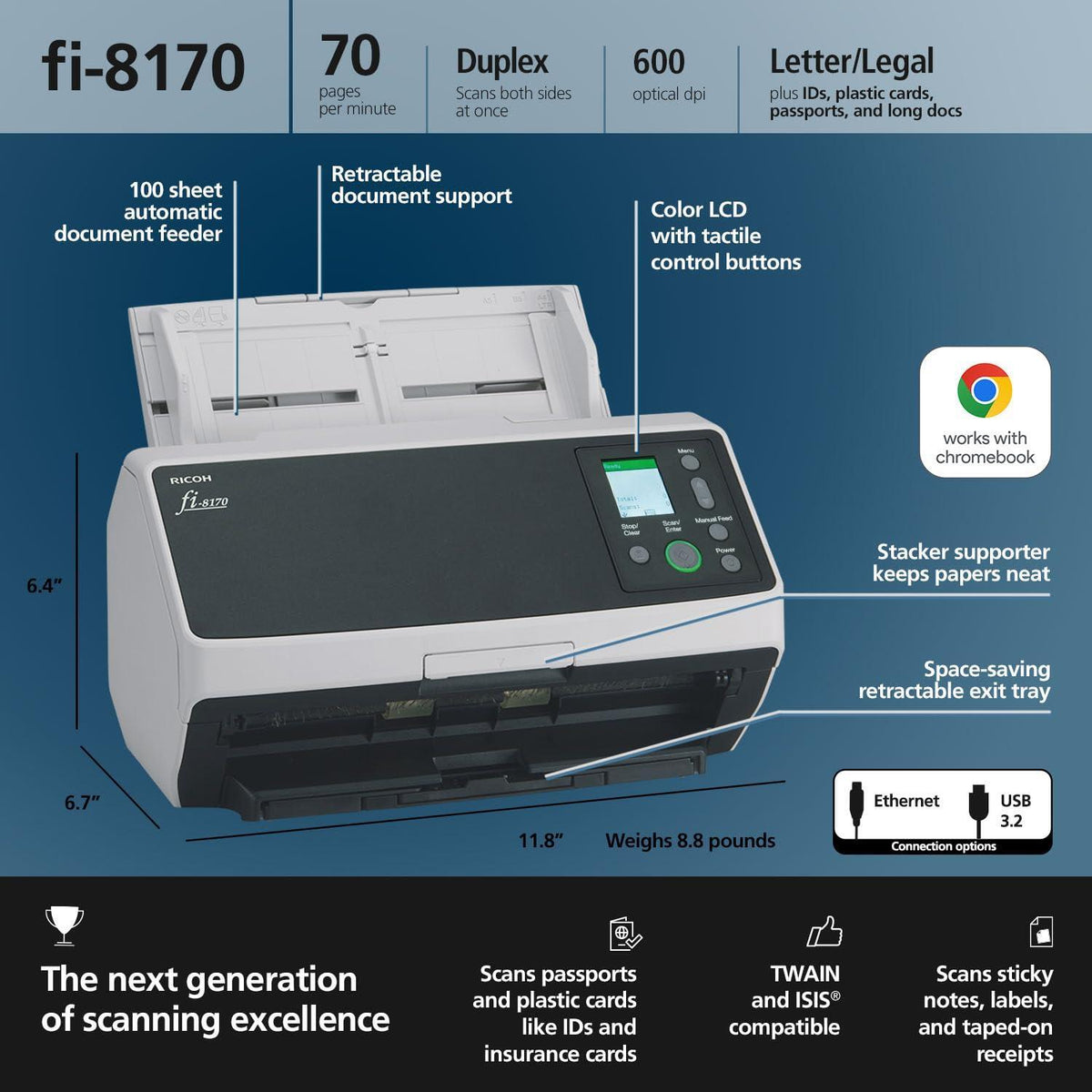 RICOH fi-8170 Premium Bundle Professional High Speed Document Scanner with 4 Years of Service