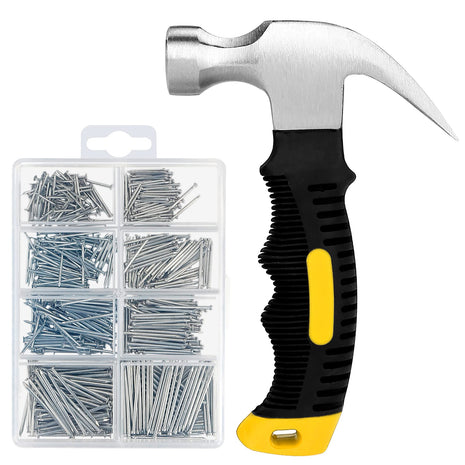 700PCs Nails Assortment Kit & 8oz Hammer, Small Hammer for Hanging Wall Art Decor, Picture Frame, 350 Roofing/Wall Nails & 350 Finishing Nail