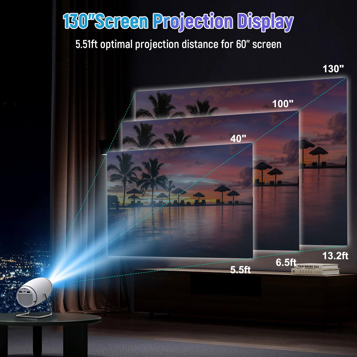 FEARWIKY Mini Portable Movie Projector with WiFi and Bluetooth, 4K 1080P Support, 180° Rotatable 130'' Screen, Auto Keystone Compatible with HDMI/USB/Smartphone/PC/Laptop