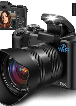 8K Digital Camera, 88MP Cameras for Photography with WiFi & Touch Screen, 16X Zoom Vlogging Camera for YouTube Video, Autofocus & Anti-Shake, Dual Camera, 2 Batteries, 64GB Card, Flash, Lens Hood