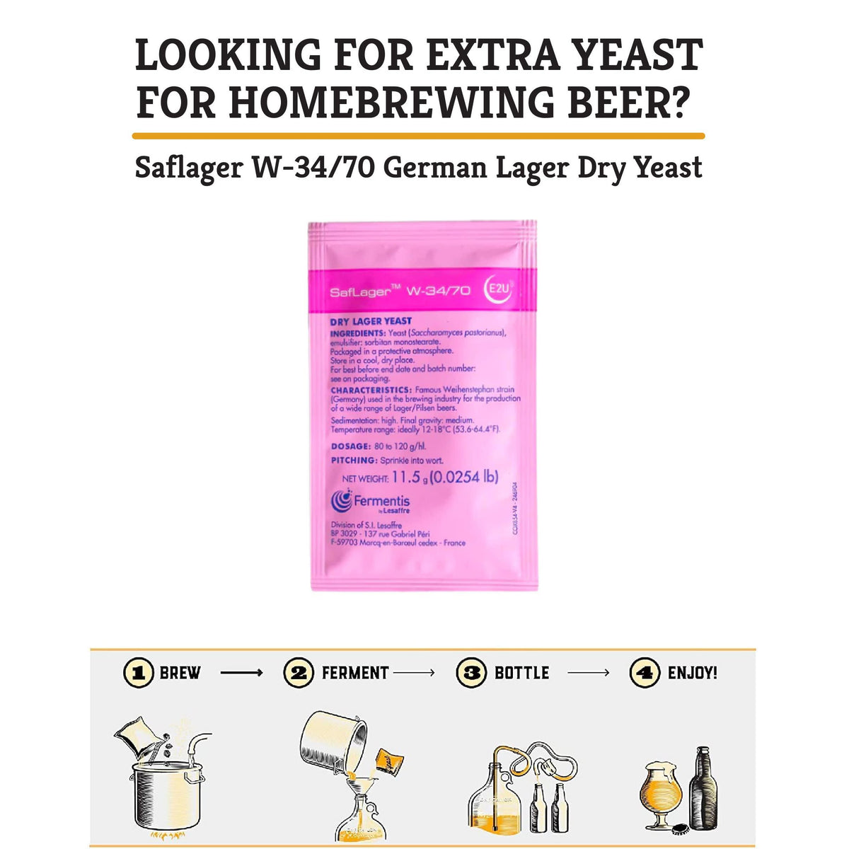 Craft A Brew - SafLager W-34/70 Yeast - German Lager Dry Yeast - For Craft Lagers - Ingredients for Home Brewing - Beer Making Supplies - [1 Pack]