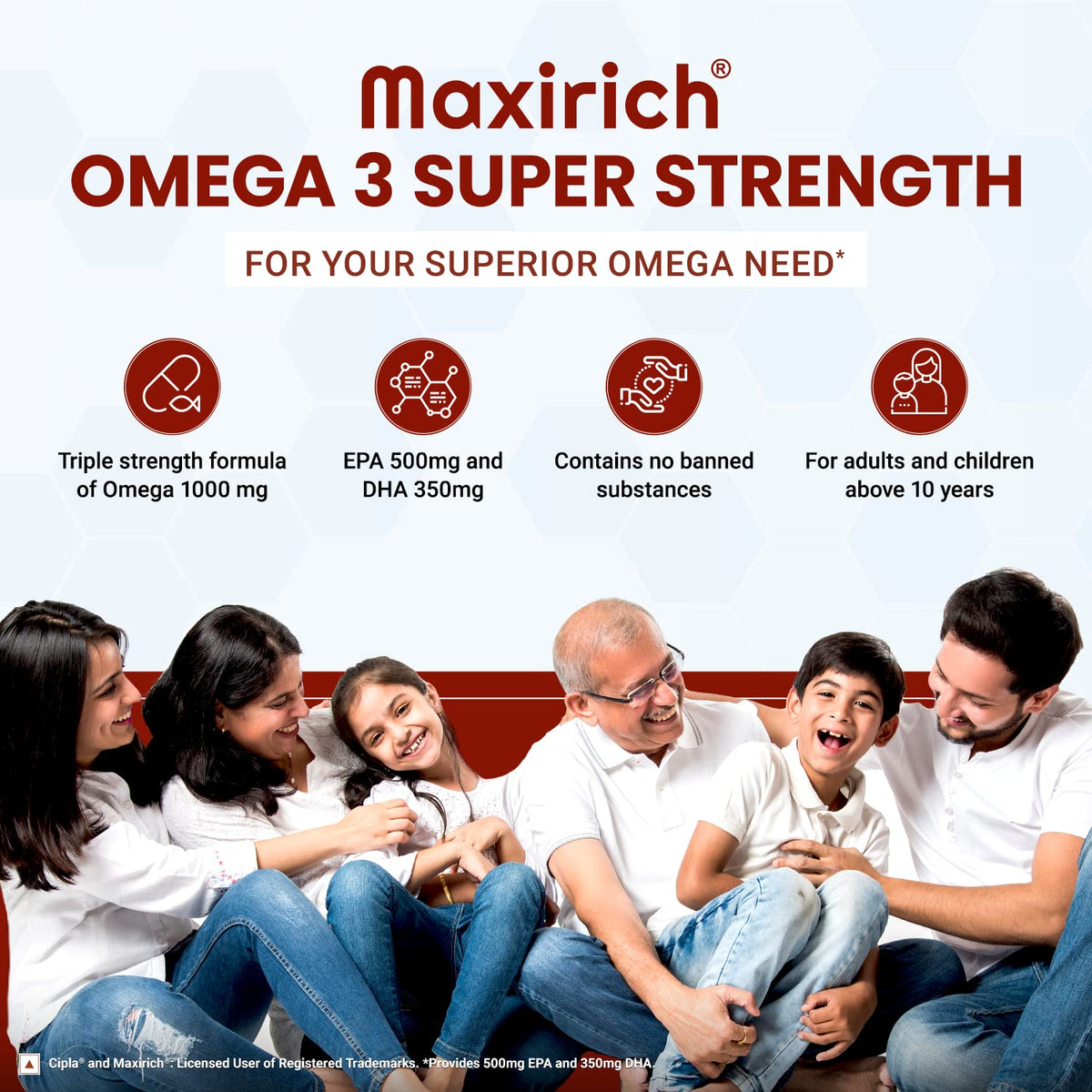 Cipla Maxirich Omega 3 | Super Strength Capsule | EPA 500mg | DHA 350mg | Immune Booster Capsules | Supports Heart, Eye, Joint & Brain Health | 60 Capsules