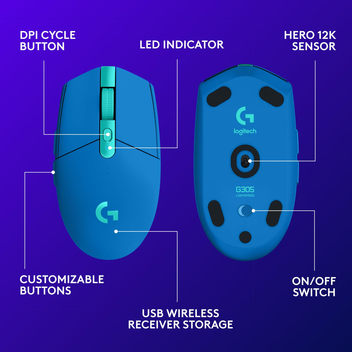 Logitech G305 LIGHTSPEED Wireless Gaming Mouse, Hero 12K Sensor, 12,000 DPI, Lightweight, 6 Programmable Buttons, 250h Battery Life, On-Board Memory, PC/Mac - Blue