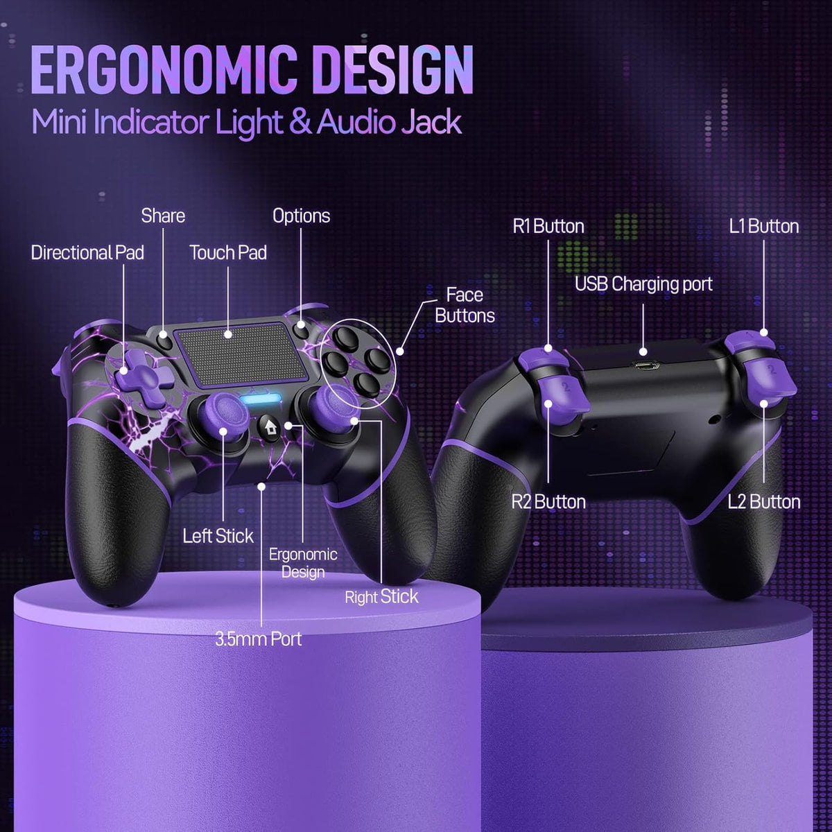 VidPPluing Wireless Controller for PS4/Pro/Slim Consoles, Game Controller with 6-Axis Motion Sensor/Share Function/Charging Cable - Lightning