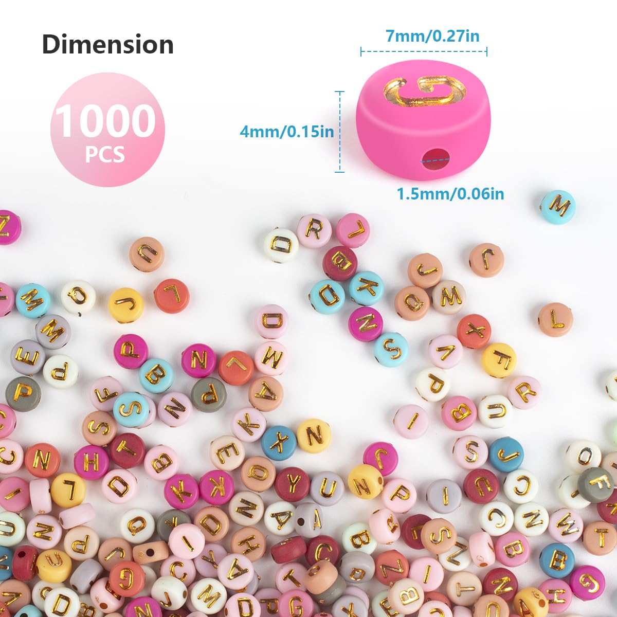 SUTOUG 1000PCS Colourful Letter Beads for Threading, 4 x 7 MM Acrylic Round Beads for Jewellery DIY Making Crafts Bracelets Necklaces Ornaments-Gold