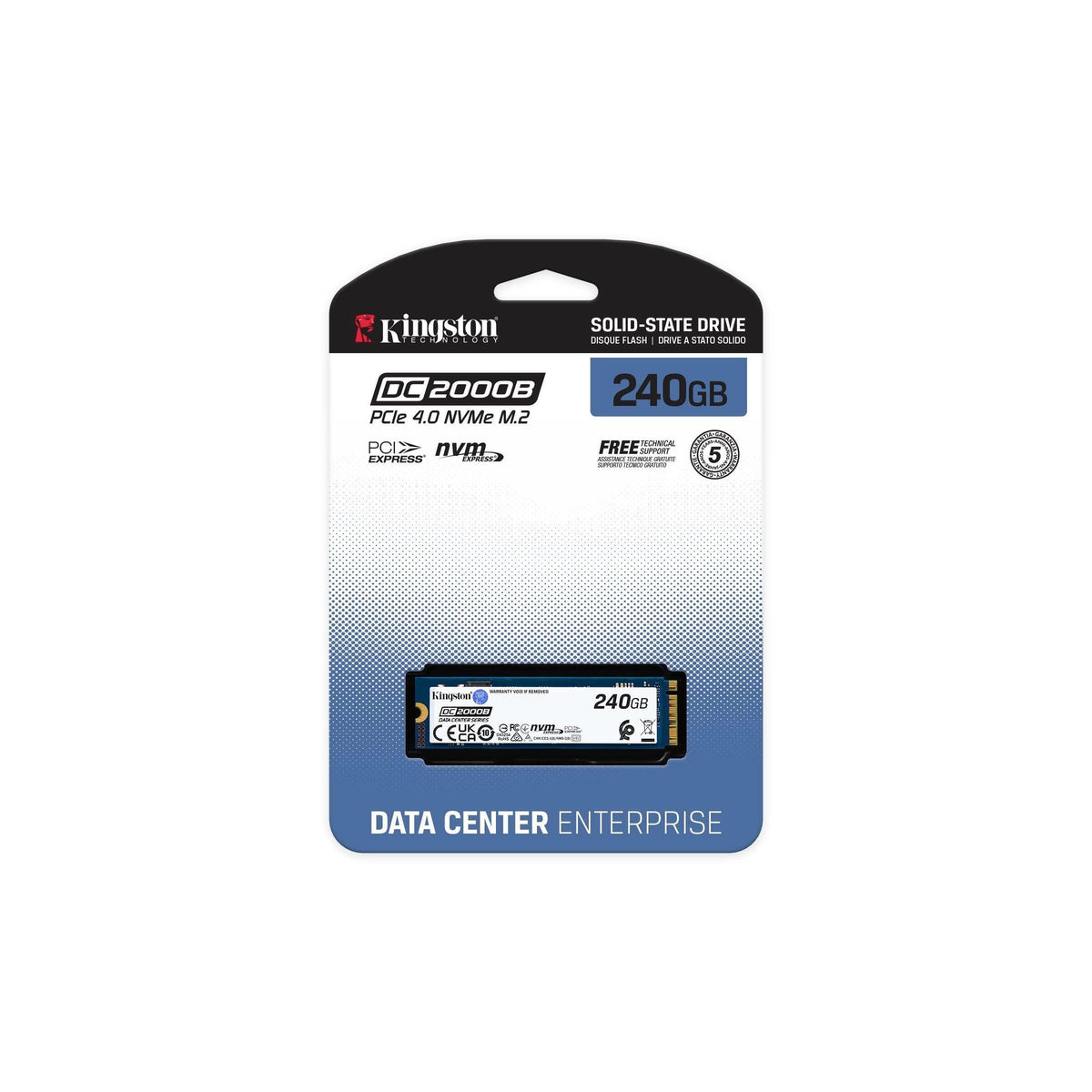 Kingston DC2000B 240 GB Solid State Drive - M.2 2280 Internal - PCI Express NVMe (PCI Express NVMe 4.0 x4) - Server Device Supported - 0.4 DWPD - 175.20 TB TBW