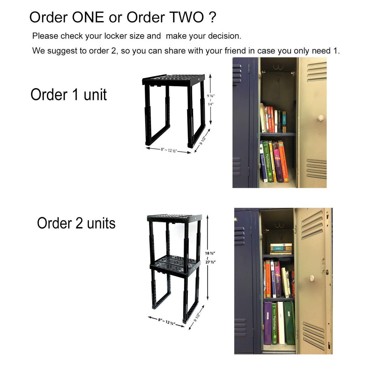 ABLinox Locker Organizer Shelf， Adjustable Width and Height, Ideal Locker for School, Office, and Gym Lockers (Black)