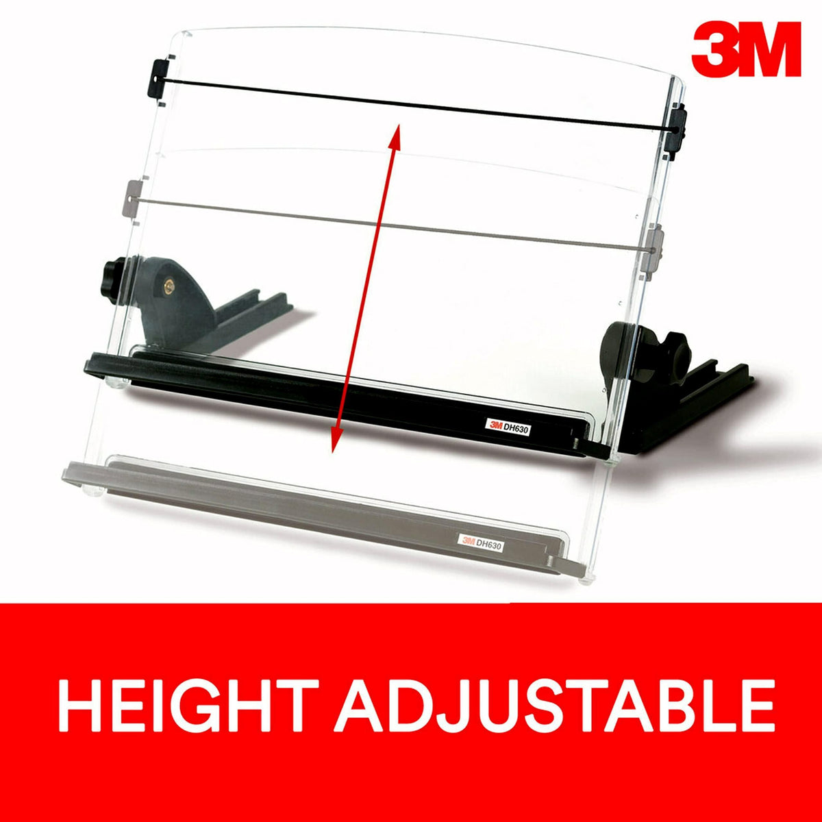3M Adjustable Document Copy Holder, In-line with Monitor Minimizing Head and Neck Movement, 150 Sheet Capacity Holds Sheets to Books, Elastic Line Guide Keeps Pages Open, 14" Wide, Black (DH630) - Black/Clear