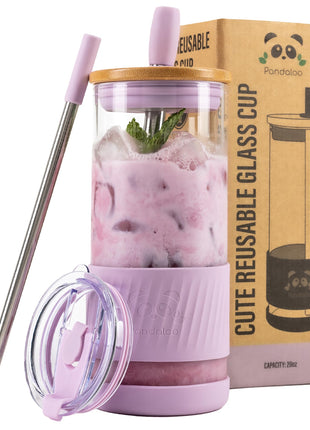 Pandaloo® Glass Cups With Lids and Straws -20 Fl Oz- Perfect Size Iced Coffee Cup - Smoothie Cup With Bamboo Lid and On the go Lid - Glass Tumbler With Straw (1 Count (Pack of 1), Lilac Rhapsody)