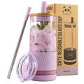 Pandaloo Glass Cups With Lids and Straws  20 Fl Oz  Perfect Size Iced Coffee Cup   Smoothie Cup With Bamboo Lid and On the go Lid   Glass Tumbler With Straw (1 Count (Pack of 1), Lilac Rhapsody)