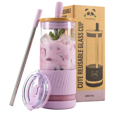 Pandaloo Glass Cups With Lids and Straws -20 Fl Oz- Perfect Size Iced Coffee Cup - Smoothie Cup With Bamboo Lid and On the go Lid - Glass Tumbler With Straw (1 Count (Pack of 1), Lilac Rhapsody)