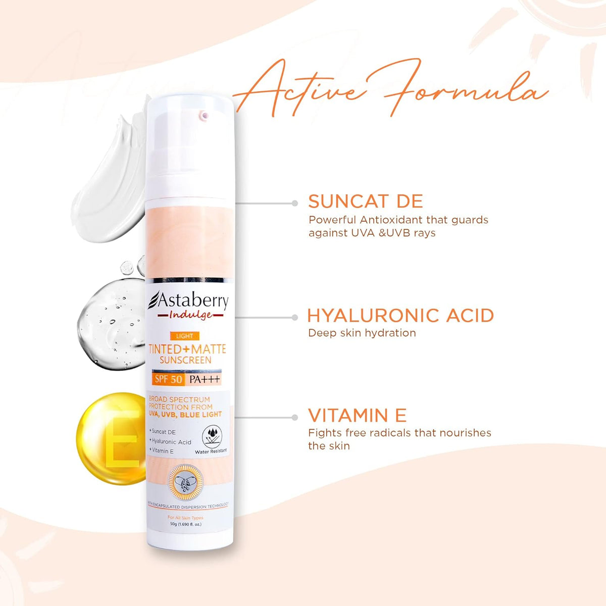 Astaberry Indulge Tinted Matte Sunscreen SPF 50 PA+++ | Broad Spectrum Protection from UVA/B & Blue Light | Suncat DE & No White Cast |Provides a Light Tint - 50g (Light)