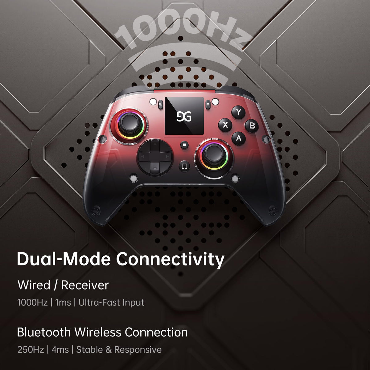 GUSGU G7 Wireless Gaming Controller with Interactive Screen, 1000Hz Polling Rate, Hall Joysticks & Triggers, 4 Programmable Buttons, Compatible with PC, Switch, PS4, iOS, Android, Red
