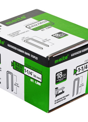 meite 18 Gauge 1/4-Inch Narrow Crown Staples, 1-1/4-Inch Length Heavy Duty Galvanized Upholstery Staples for Electric or Pneumatic Narrow Crown Stapler Guns (4,000 PCS)