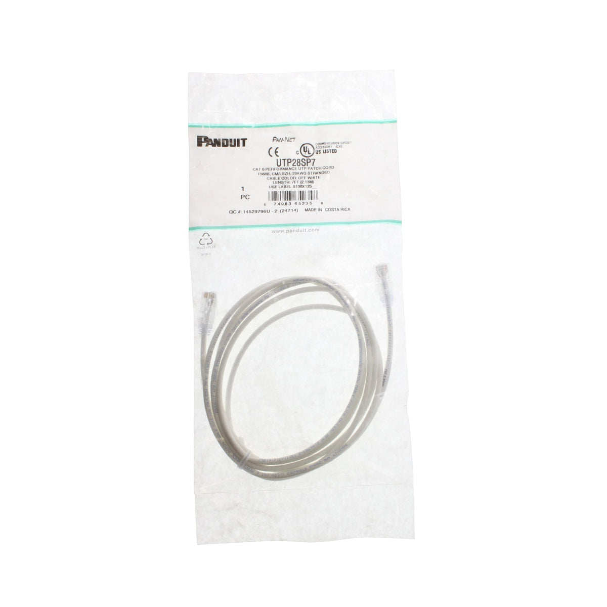 Panduit UTP28SP7 Patch Cord, Cat6, UTP, RJ45, Sol Copper, White, 7-Feet