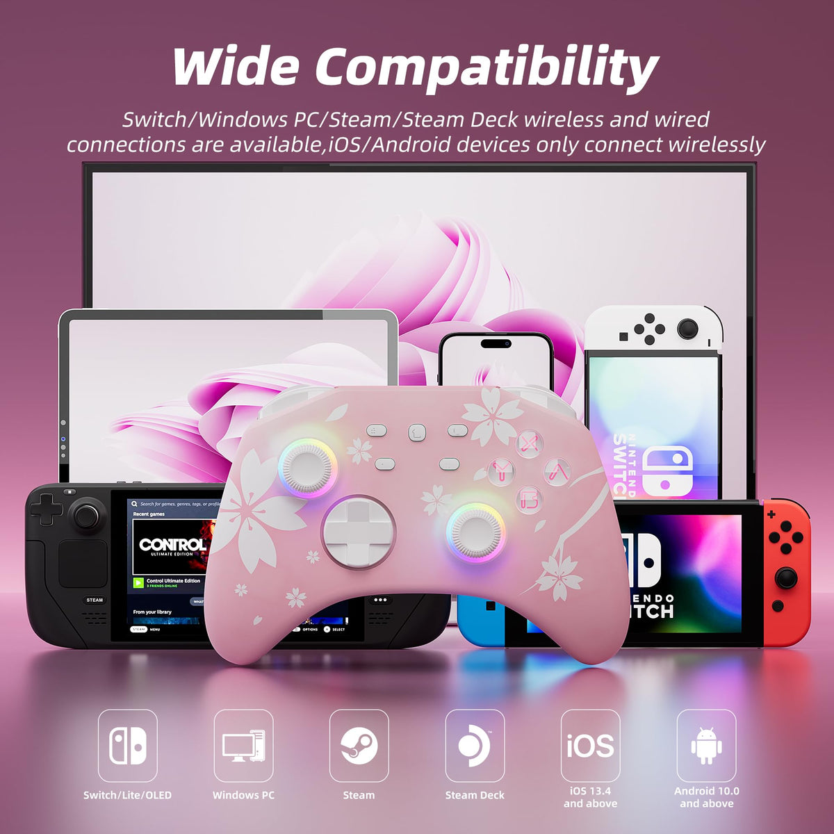 Mytrix Wireless Controllers for Switch/Switch 2, Windows PC iOS Android Steam/Steam Deck, Sakura Pink Bluetooth Controller with Programmable, Hall Effect Joysticks, Adjustable LED Light/Turbo/Vibration