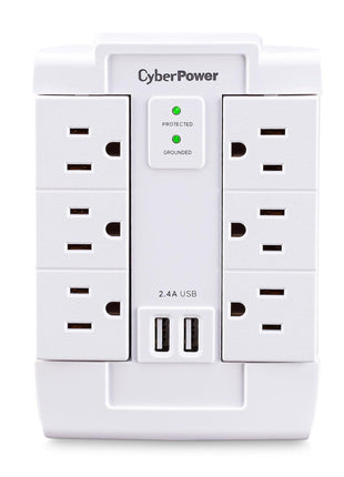 CyberPower CSP600WSURC2 Surge Protector, 1500J/125V, 6 Swivel Outlets, 2 USB Charging Ports, Wall Tap Design, White, UL listed