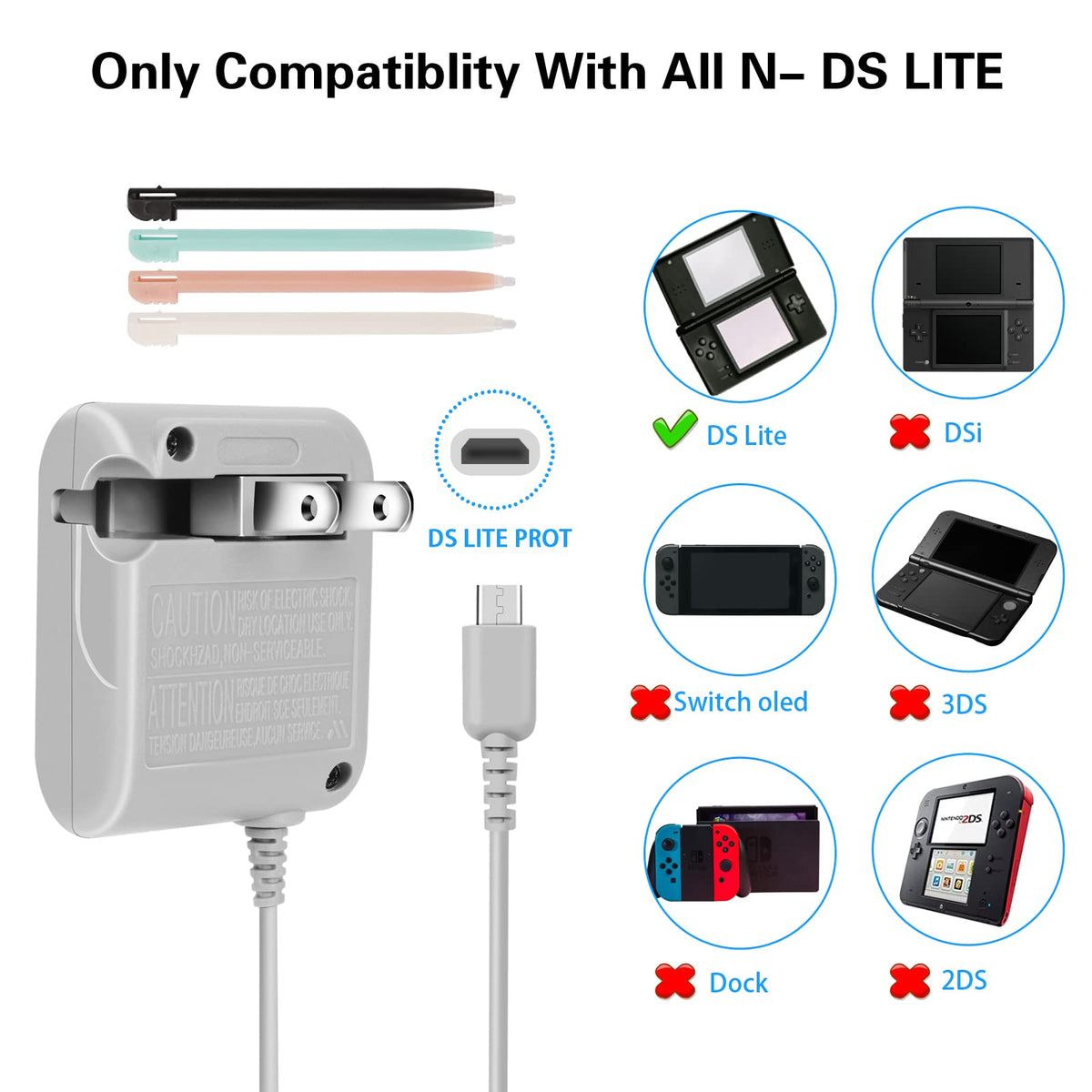 DS Lite Charger Kit Compatible with Nintendo DS Lite 100-240V Wall Plug Adapter with 4 Stylus Pen for Nintendo DS Lite