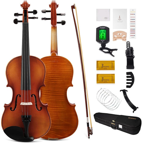 PHOENIX Violin 4/4 Full Size Kit, Violin Fiddle Set for Beginner Adults Student with Rosewood Bow Extra Strings & Bridge (Natural, 4/4)