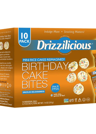 Drizzilicious Mini Flavored Rice Cakes Birthday Cake - Rice Crisps, Healthy Snack for Adults and Kids, Vegan, Gluten Free Snack, Allergen Free, Only 90 Calories Per Bag - 0.74 oz (Pack of 10)
