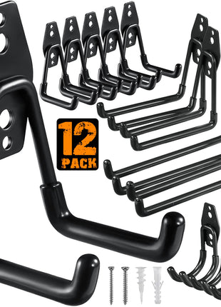12 Pack Garage Hooks Heavy Duty Utility Steel with Anti-Slip Coating Wall Mount Storage Organizer for Hanging Power and Garden Tools, Ladders, Hose, Bikes, Ropes, Bulk Items, and More
