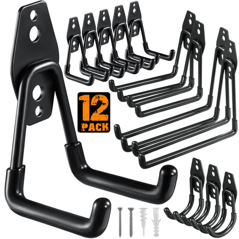 12 Pack Garage Hooks Heavy Duty Utility Steel with Anti-Slip Coating Wall Mount Storage Organizer for Hanging Power and Garden Tools, Ladders, Hose, Bikes, Ropes, Bulk Items, and More