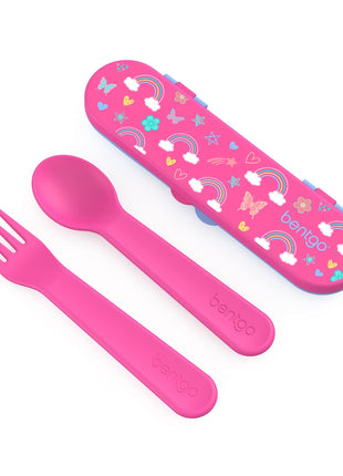 Bentgo Kids Plastic Utensil Set with Fork, Spoon, & Storage Case | Reusable, PFAS- & BPA-Free, Easy-Grip Handles, Lightweight, Dishwasher Safe, School, Travel & On-the-Go (Rainbows)