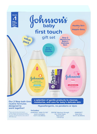 Johnson's First Touch Baby Gift Set, Baby Bath, Skin & Hair Essential Products, Kit for New Parents with Wash & Shampoo, Lotion, & Diaper Rash Cream, Hypoallergenic & Paraben-Free, 4 items