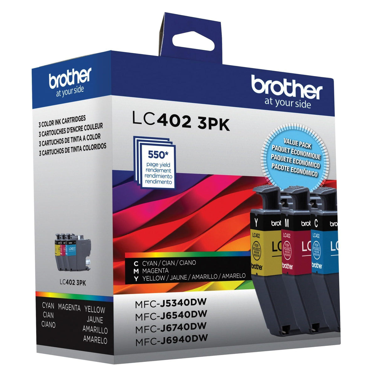 Brother Genuine LC402 3PK 3-Pack of Standard Yield Cyan, Magenta and Yellow Ink Cartridges, Black