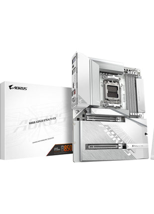 GIGABYTE B850 AORUS Stealth ICE Reverse-Connect ATX Motherboard, Support AMD Socket AM5 Processors, DDR5, 14+2+2 Power Phase, 4X M.2, PCIe 5.0, USB-C, WIFI7, 5GbE LAN, EZ-Latch, 5-Year Warranty