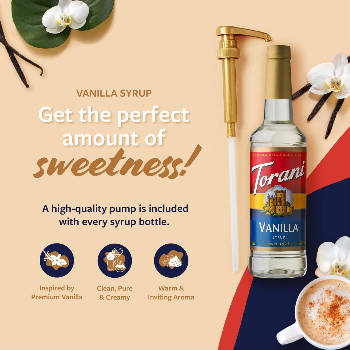 Torani Coffee Syrup, Vanilla Flavored Syrup for Drinks, Pump Included, 25.4 Fl Oz