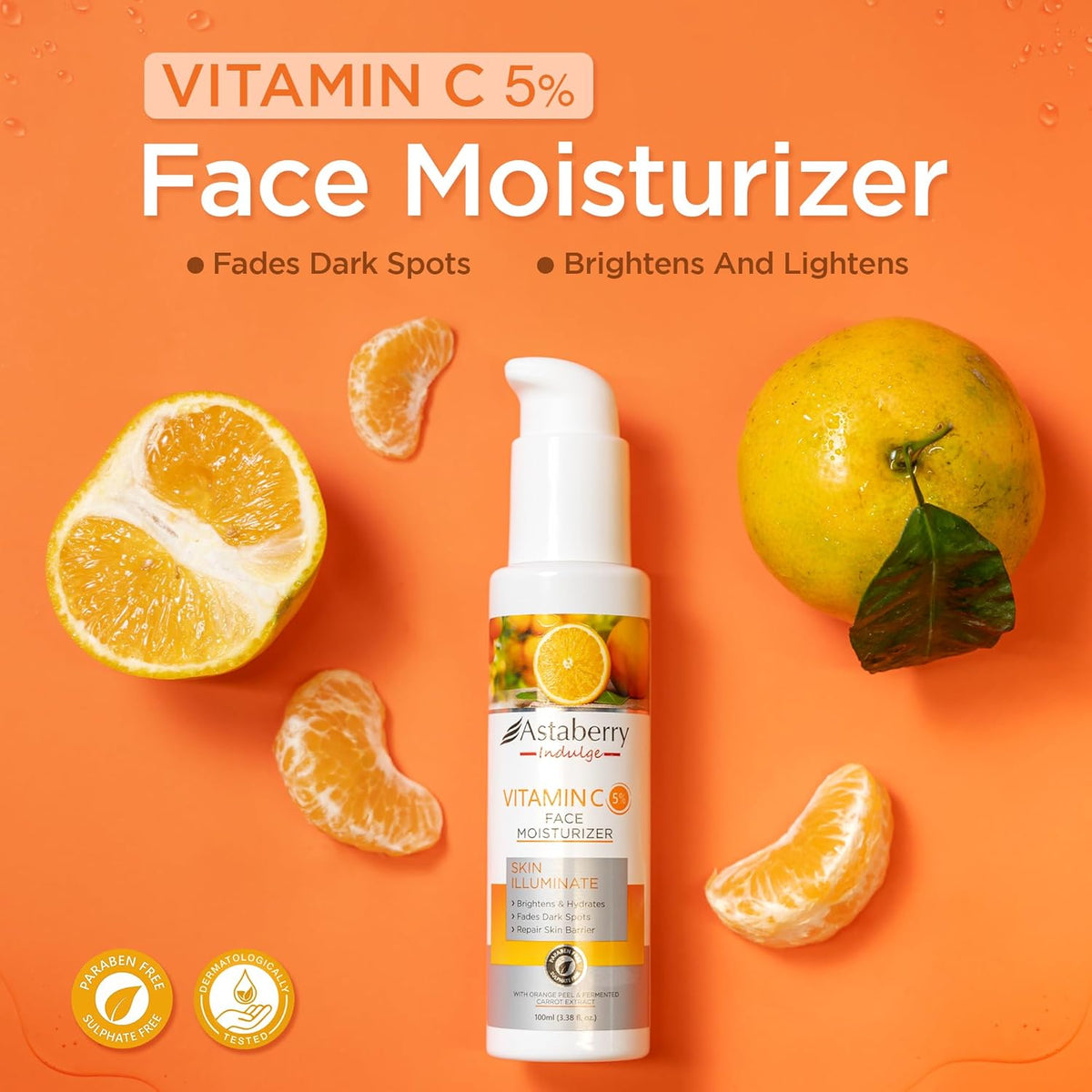 Astaberry Indulge Vitamin C Face Moisturizer for Glowing Skin | Hydrates Skin | Fades Dark Spots | With Orange Peel & Fermented Carrot Extract | Boosts collagen -100ml