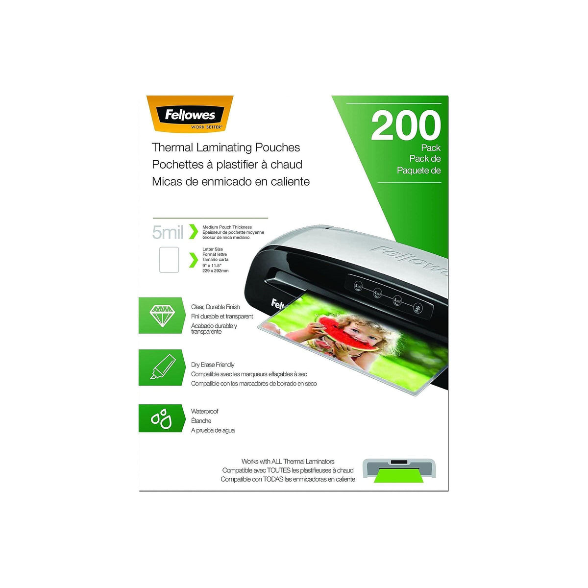 Fellowes Thermal Laminating Pouches, Letter Size Sheets, 5mil 200pk, Clear (5743601)