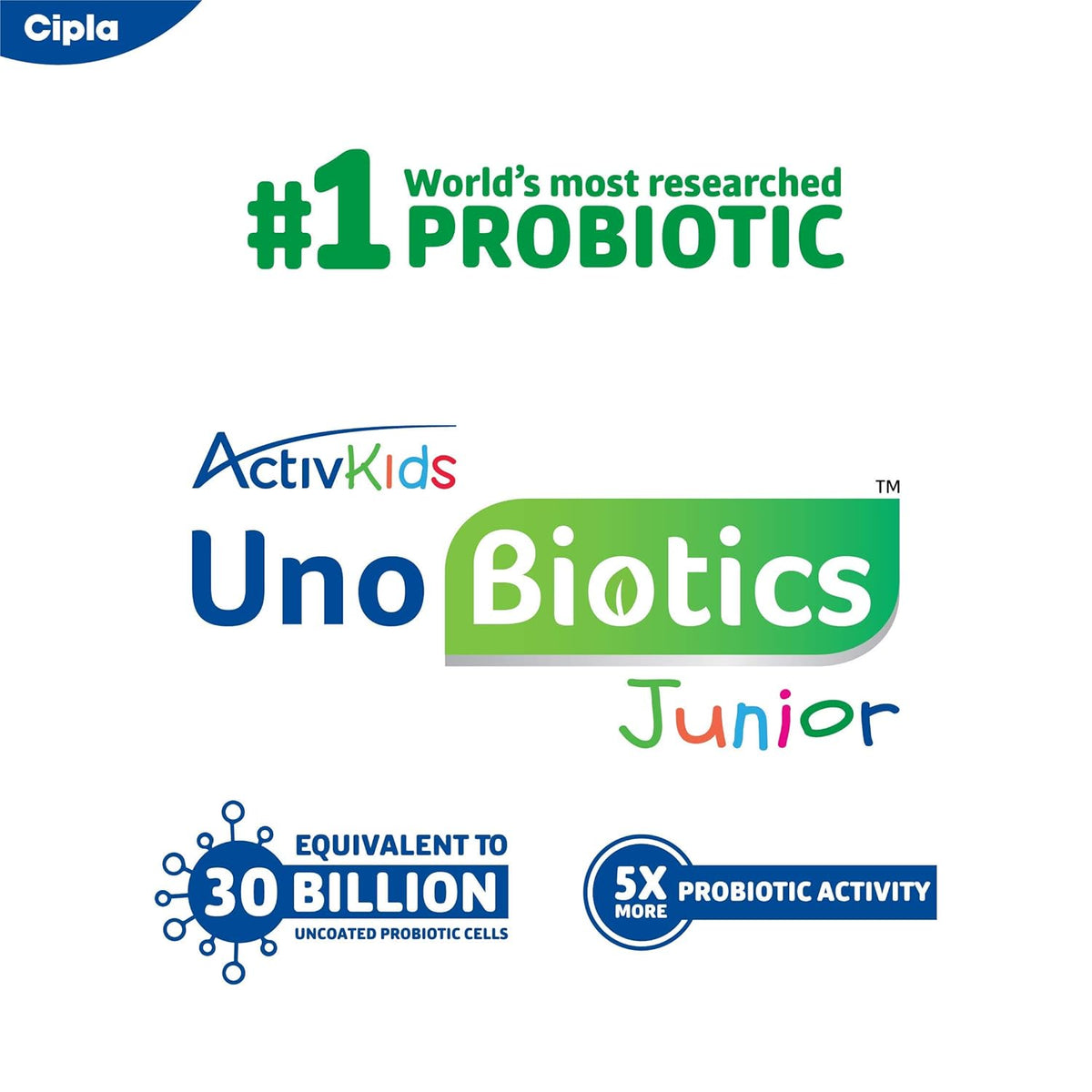 Cipla ActivKids Unobiotics Junior With 5X More Probiotic Activity |Powder Helps Build Immunity & Refills Good Bacteria | Probiotics for Kids - 10 Sachets