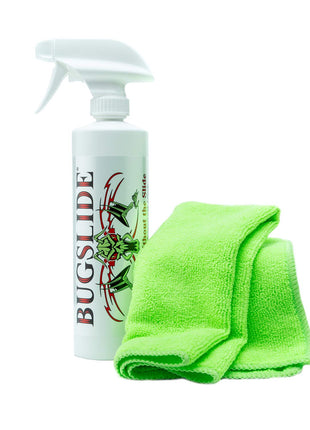 BugSlide 16 Oz Shop Kit Cleaner and Polisher with Microfiber Towel, Tree Sap Remover, Waterless Detailer for Removing Bugs Without Scratching, Shining and Degreasing All Surfaces