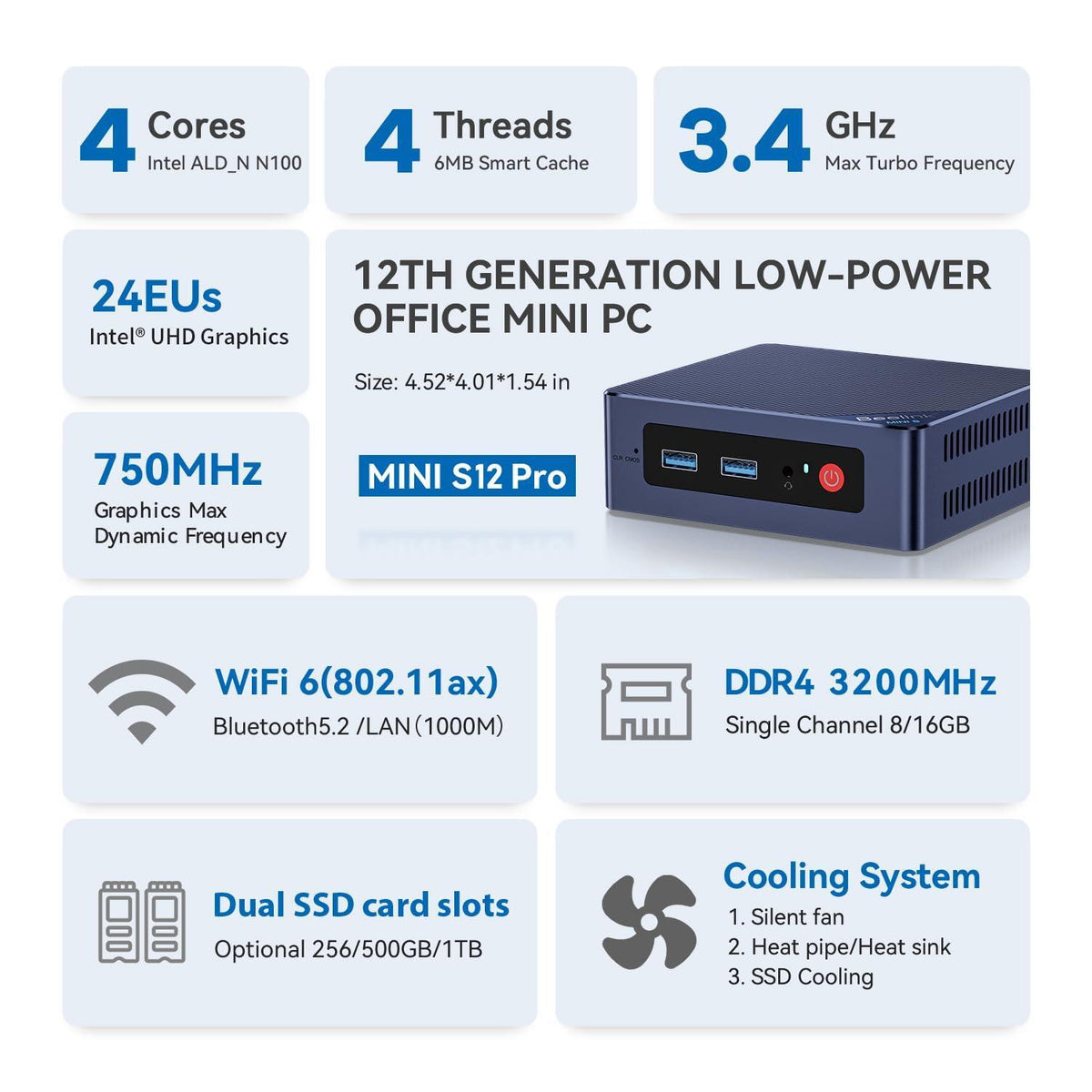 Beelink Mini S12 Pro Mini PC, Intel 12th Gen N100 (4C/4T, up to 3.4GHz), 16GB DDR4, 500GB SSD, Desktop Computer Support Dual HDMI 4K@60Hz, WiFi 6, BT5.2, NAS, Low Power