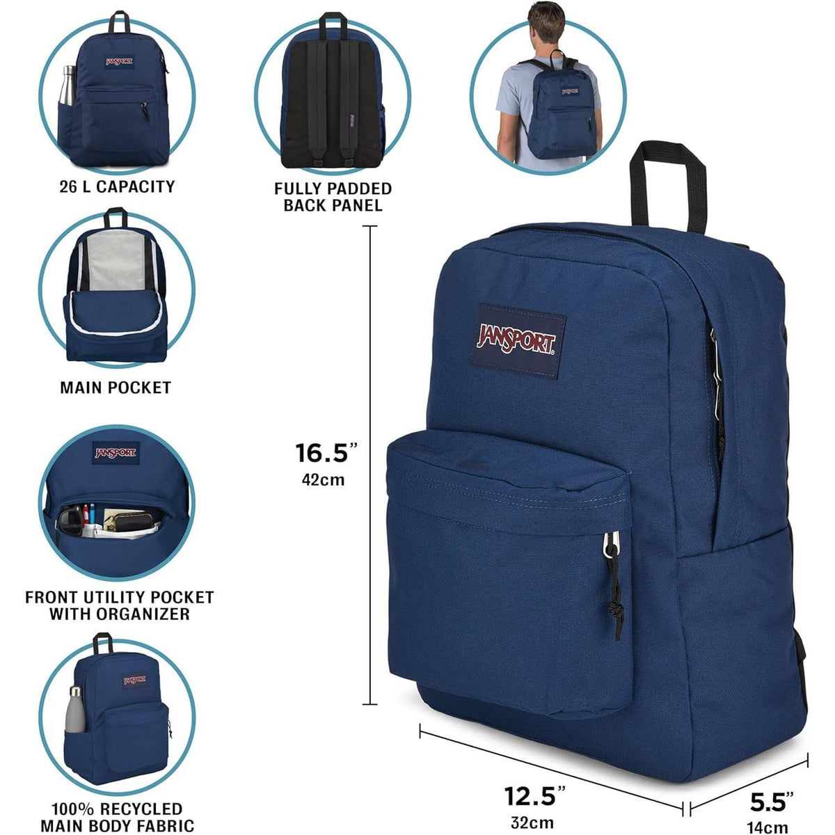 JanSport SuperBreak Plus Backpack with Padded 15-inch Laptop Sleeve and Integrated Bottle Pocket - Spacious and Durable Daypack for Work and Travel - Black