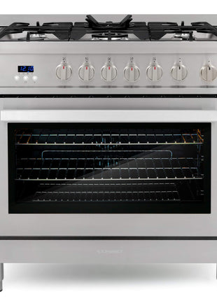 36 in. Nebula Coll 4.4 cu ft 5 Burner Gas Range Convection, Stainless Steel | Cosmo COS-965AGFC Oven Fan Circulation, Cast Iron Grates, Digital Display with Timer, Metal Knobs, Liquid Propane Convertible