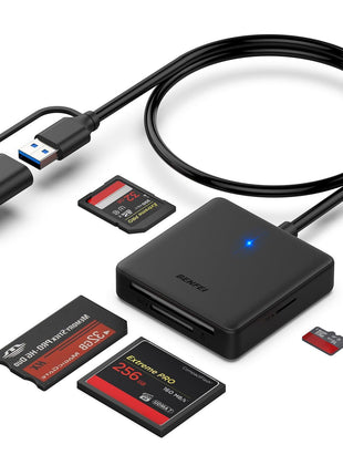Memory Card Reader, BENFEI 4in1 USB 3.0 and USB-C to SD Micro SD MS CF Card Reader Adapter, 4 Cards Simultaneously Read and Write, Compatible with iPhone 15 Series, MacBook Pro/Air 2023, and More