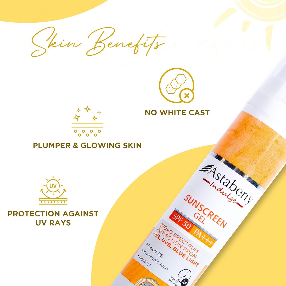 Astaberry Indulge Sunscreen Gel SPF 50 PA+++ |Broad Spectrum protection from UVA/B & Blue Light| Suncat DE & No White Cast | Light Weight & Non Greasy- 50g