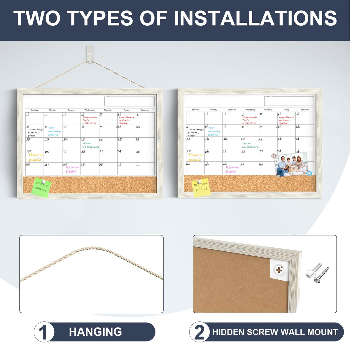 Calendar Whiteboard for Wall, TANKEE 17x13 Inches Whiteboard Calendar Cork Board Combo, Small Magnetic White Board with Wood Framed, Hanging Dry Erase Board for Kitchen Home Office School Planner