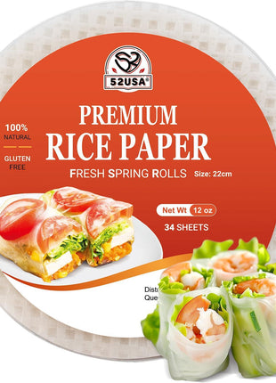 52USA Rice Paper Wrappers, 1 Pack, Spring Roll & Dumplings-34 Sheets | Gluten-Free Wonton Wrapper, Vegan, Low Carb, Vietnamese Rices Wraps (Round, 22cm)