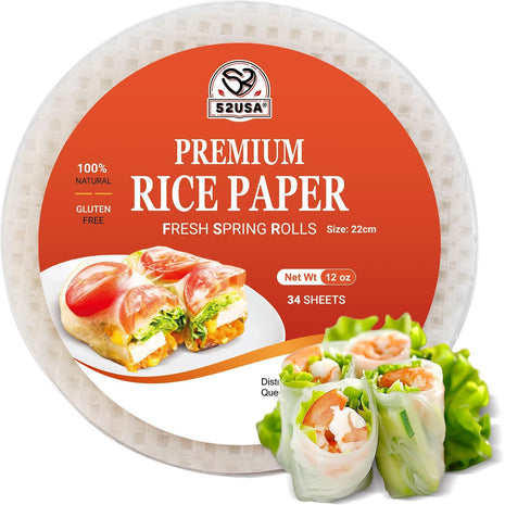 52USA Rice Paper Wrappers, 1 Pack, Spring Roll & Dumplings-34 Sheets | Gluten-Free Wonton Wrapper, Vegan, Low Carb, Vietnamese Rices Wraps (Round, 22cm)